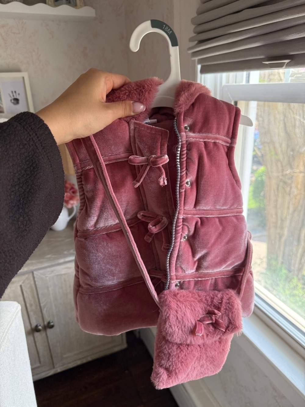 Nicole Miller Girls Pink Velvet Puffer Vest with Faux Fur Purse
